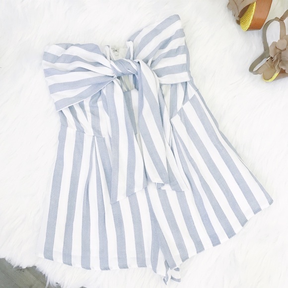 Striped Front Tie Romper, White + Denim - Picture 4 of 6